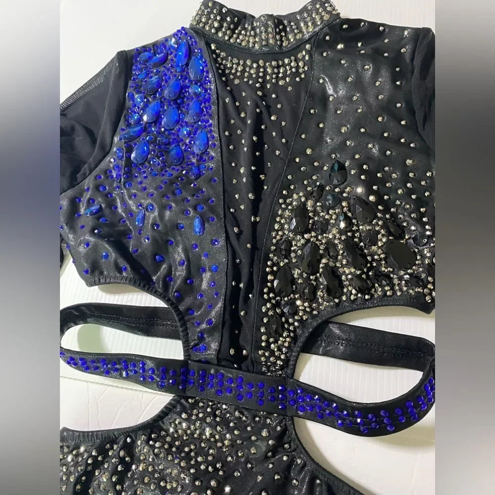 Glamour Adult LA Solo Dance Costume Black Blue Mesh Sleeve Contemporary Jazz